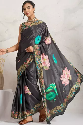 Grey printed satin fashion saree with blouse piece