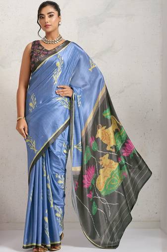 Blue printed satin fashion saree with blouse piece