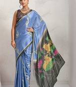 Blue printed satin fashion saree with blouse piece