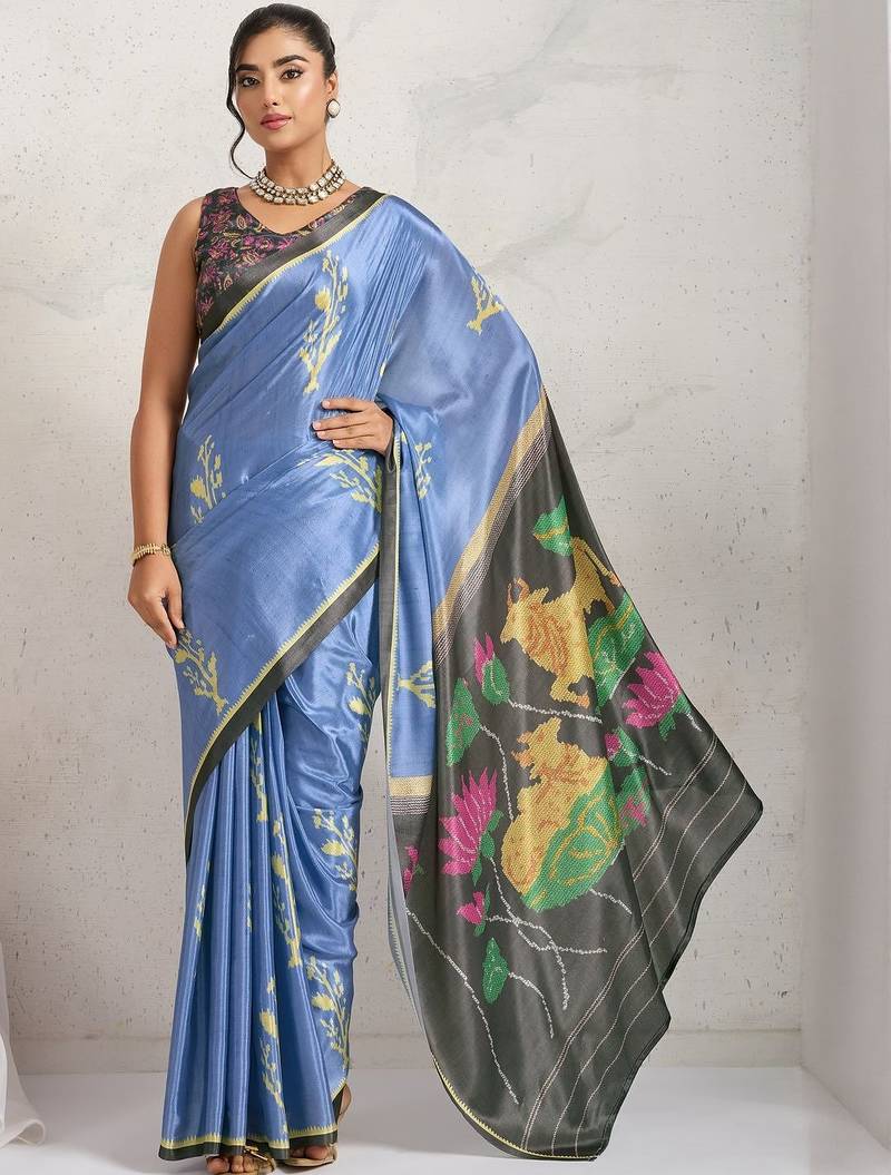 Blue printed satin fashion saree with blouse piece