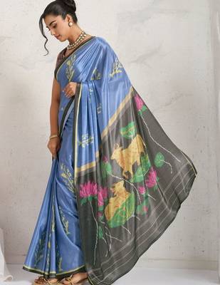 Blue printed satin fashion saree with blouse piece 2