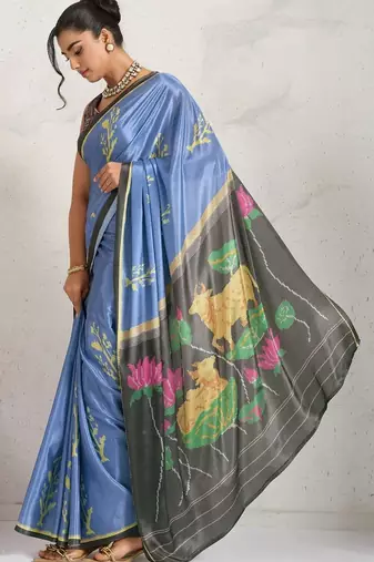 Blue printed satin fashion saree with blouse piece