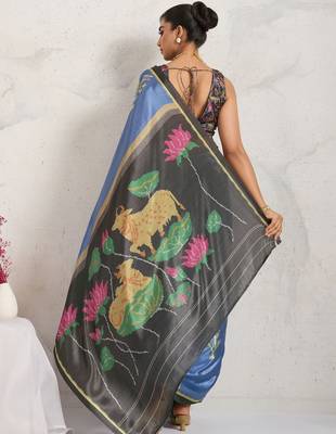 Blue printed satin fashion saree with blouse piece 3