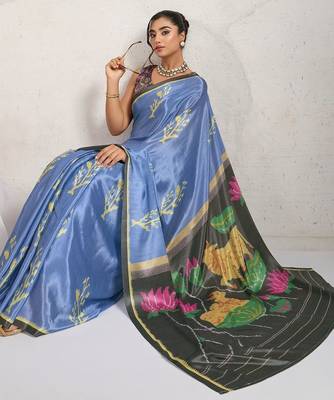 Blue printed satin fashion saree with blouse piece 4