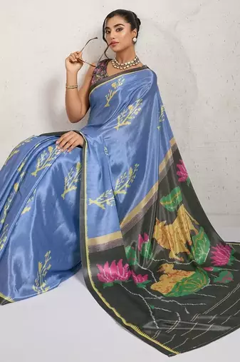 Blue printed satin fashion saree with blouse piece