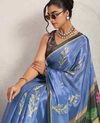Blue printed satin fashion saree with blouse piece 5