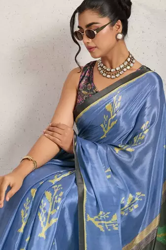 Blue printed satin fashion saree with blouse piece