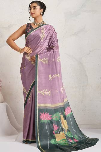 Purple printed satin fashion saree with blouse piece