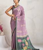 Purple printed satin fashion saree with blouse piece