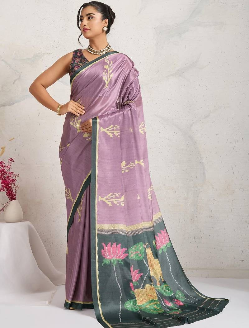 Purple printed satin fashion saree with blouse piece