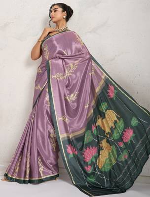 Purple printed satin fashion saree with blouse piece 2