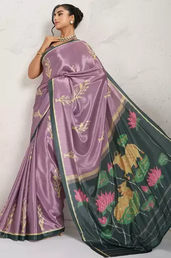 Purple printed satin fashion saree with blouse piece