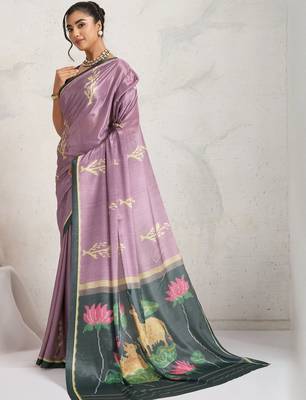 Purple printed satin fashion saree with blouse piece 3