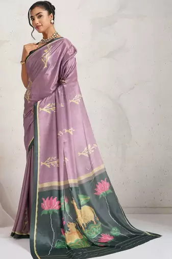 Purple printed satin fashion saree with blouse piece