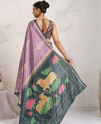 Purple printed satin fashion saree with blouse piece 4