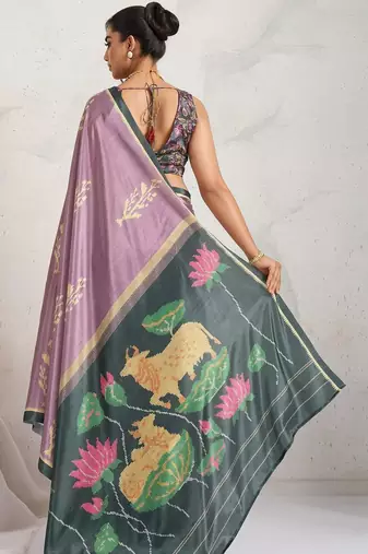 Purple printed satin fashion saree with blouse piece