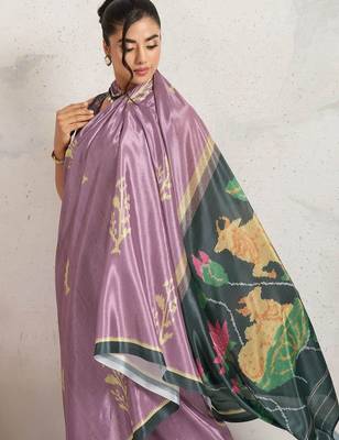 Purple printed satin fashion saree with blouse piece 5