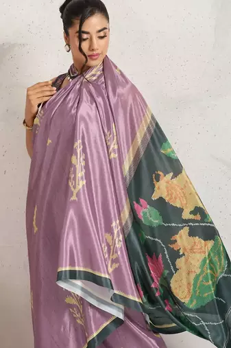 Purple printed satin fashion saree with blouse piece
