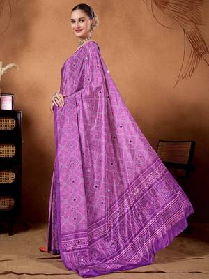 Lavender printed satin fashion saree with blouse piece 1
