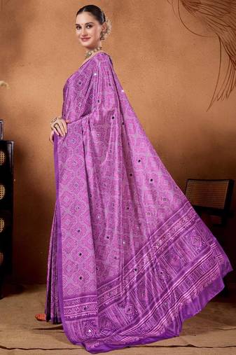 Lavender printed satin fashion saree with blouse piece