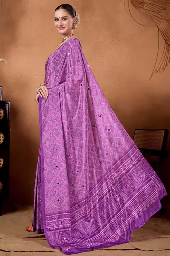 Lavender printed satin fashion saree with blouse piece