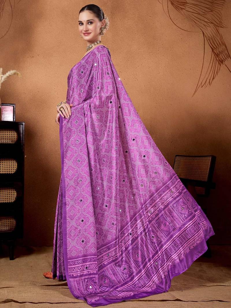 Lavender printed satin fashion saree with blouse piece