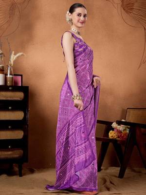 Lavender printed satin fashion saree with blouse piece 2