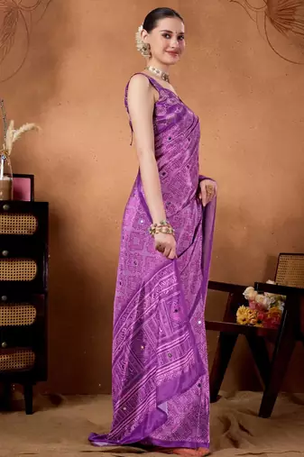 Lavender printed satin fashion saree with blouse piece