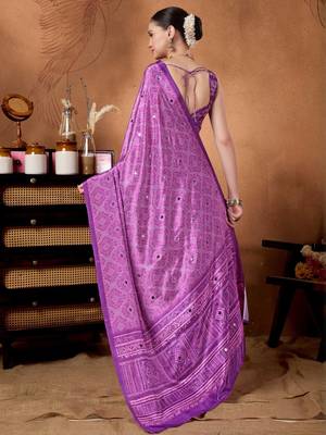 Lavender printed satin fashion saree with blouse piece 3
