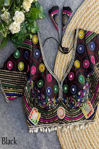 black real mirror work italian silk blend choli blouse