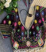 Women's black real mirror work navratri blouse | heavy beads embroidered italian silk choli