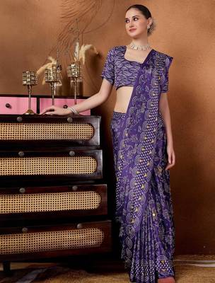 Purple printed satin fashion saree with blouse piece 1