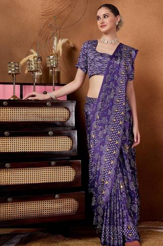 Purple printed satin fashion saree with blouse piece