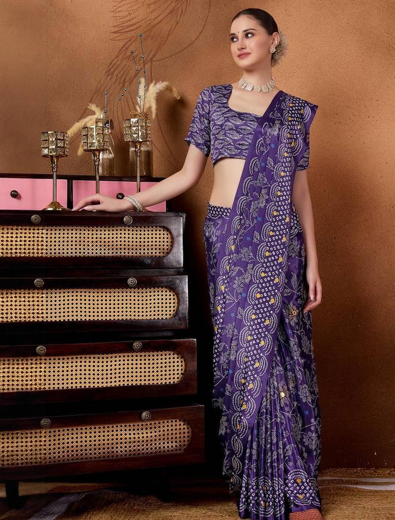 Purple printed satin fashion saree with blouse piece