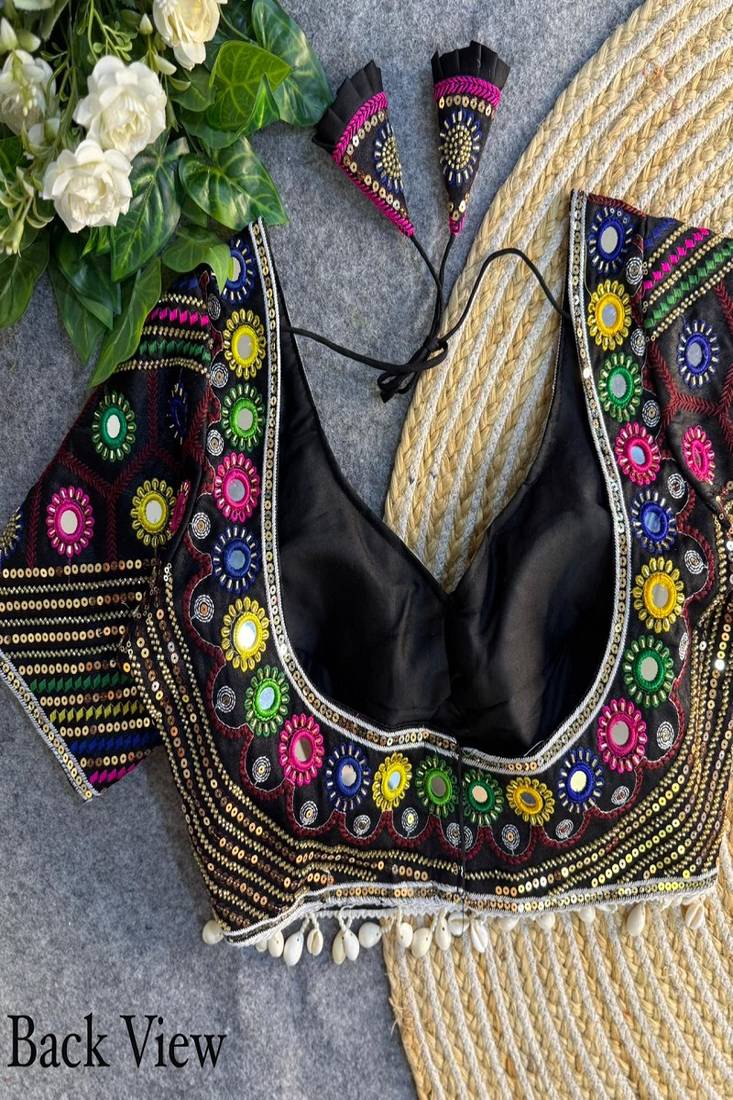 Women's black real mirror work navratri blouse | heavy beads embroidered italian silk choli