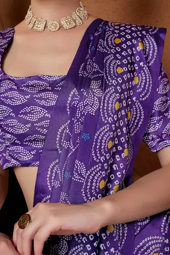 Purple printed satin fashion saree with blouse piece