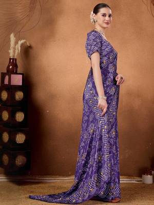 Purple printed satin fashion saree with blouse piece 3