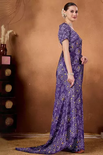 Purple printed satin fashion saree with blouse piece