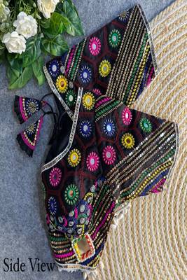 Women's black real mirror work navratri blouse | heavy beads embroidered italian silk choli 3