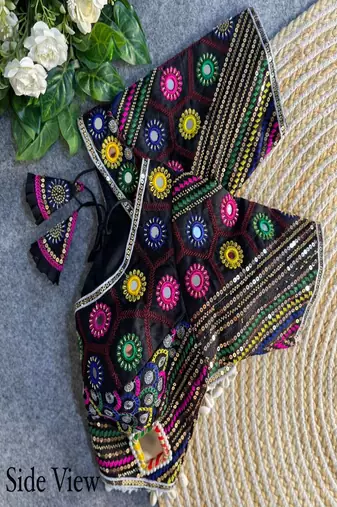 Women's black real mirror work navratri blouse | heavy beads embroidered italian silk choli