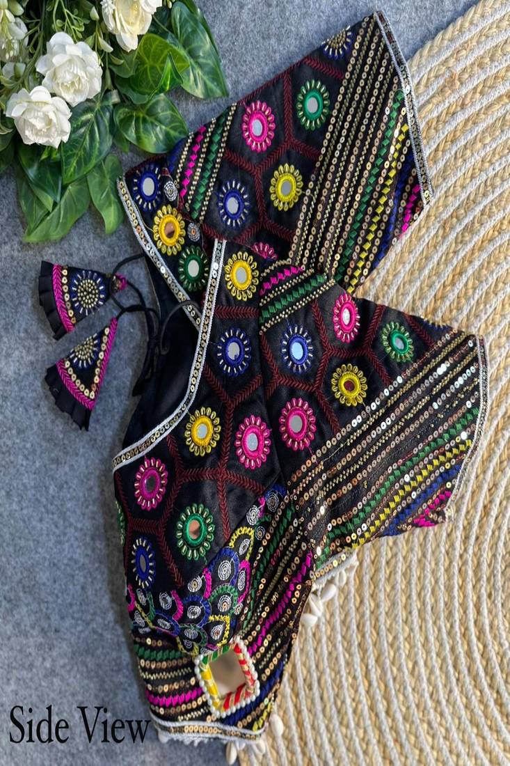 Women's black real mirror work navratri blouse | heavy beads embroidered italian silk choli
