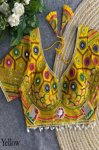 Women's yellow real mirror work navratri blouse | heavy beads embroidered italian silk choli