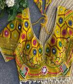 Women's yellow real mirror work navratri blouse | heavy beads embroidered italian silk choli
