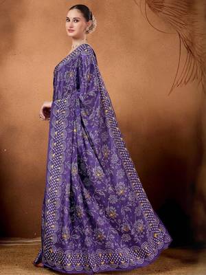 Purple printed satin fashion saree with blouse piece 4