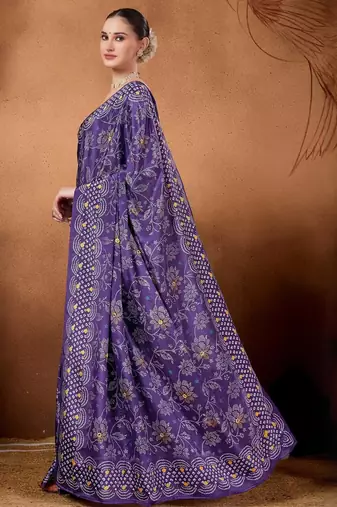 Purple printed satin fashion saree with blouse piece