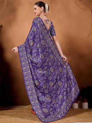 Purple printed satin fashion saree with blouse piece 5