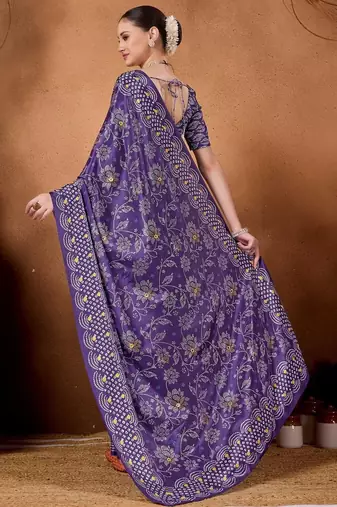 Purple printed satin fashion saree with blouse piece