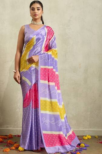 Purple printed satin fashion saree with blouse piece