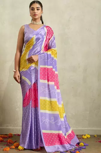 Purple printed satin fashion saree with blouse piece