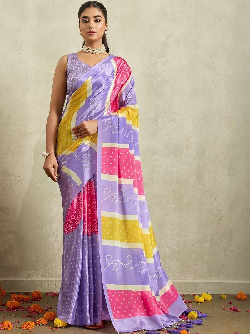 Purple printed satin fashion saree with blouse piece
